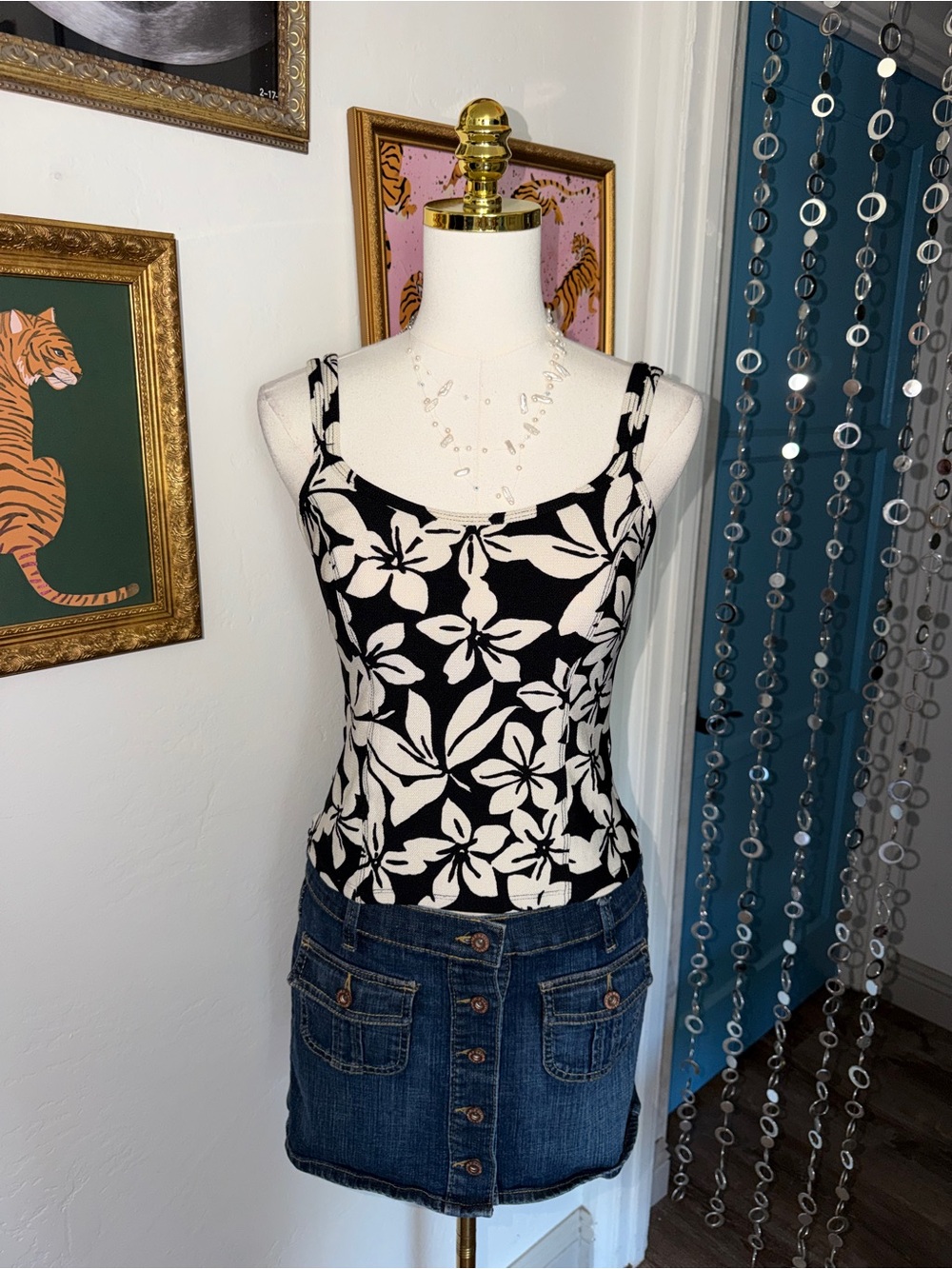 Vintage Y2K Black & White Floral Tankini Top